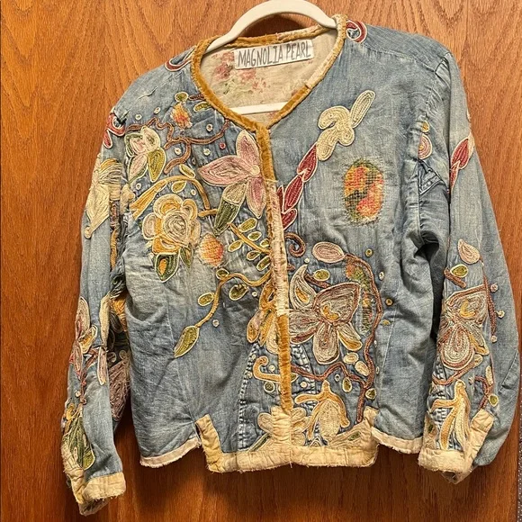 Magnolia Pearl Floral Embroidered Jean Jacket - Blue and Cream - Picture 1 of 6